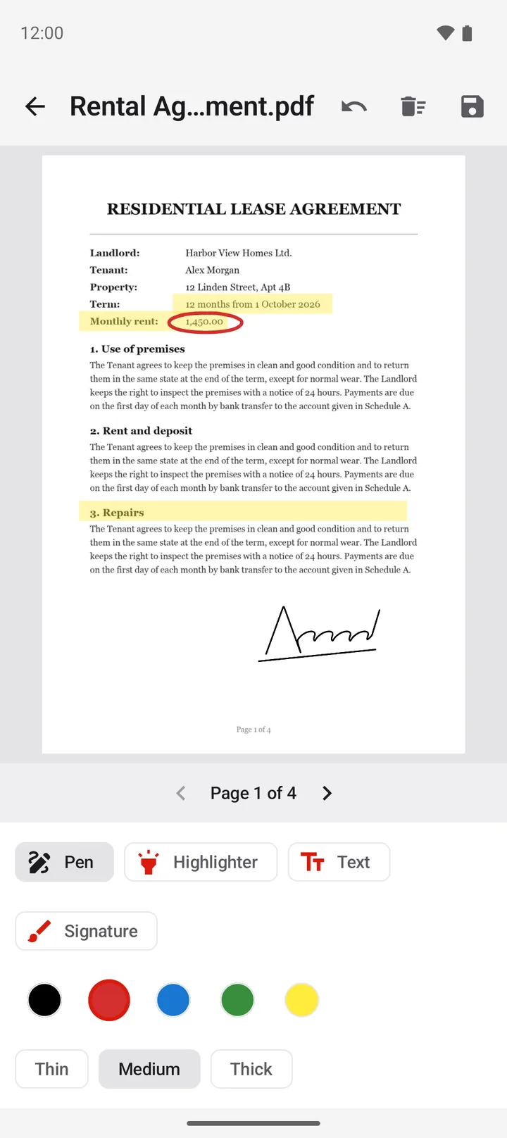 A rental agreement with a highlighted line and a signature