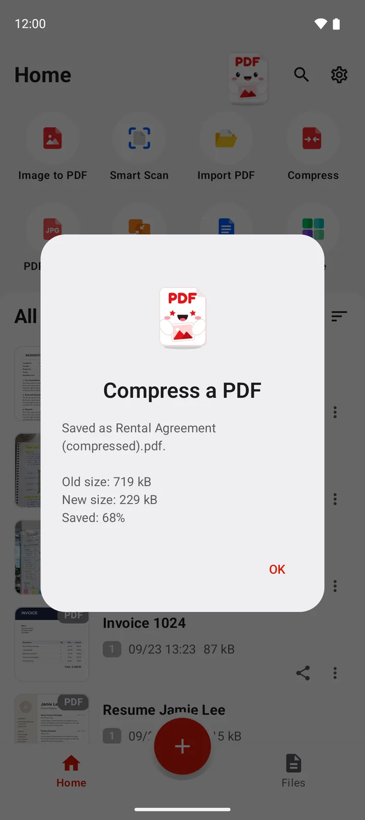 The compress dialog with the levels Small, Medium and Light