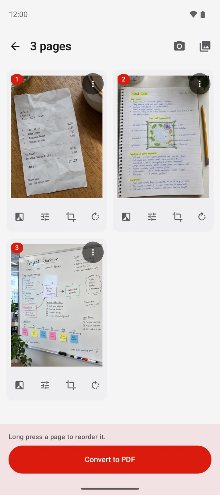 The PDFriend editor with 3 pages in order and the Convert to PDF button