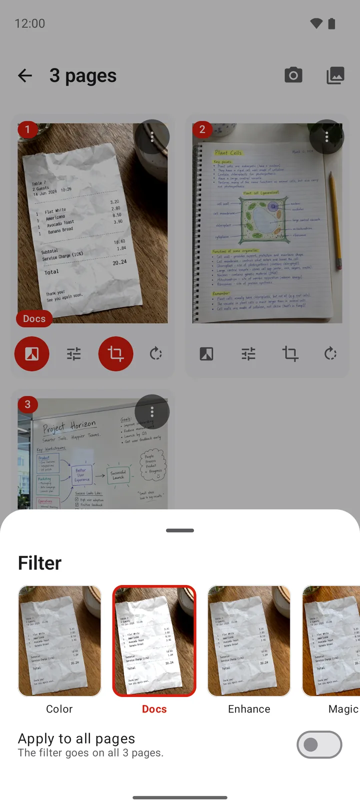 The filter sheet with Color, Docs, Enhance, Magic, Grayscale and Black and white