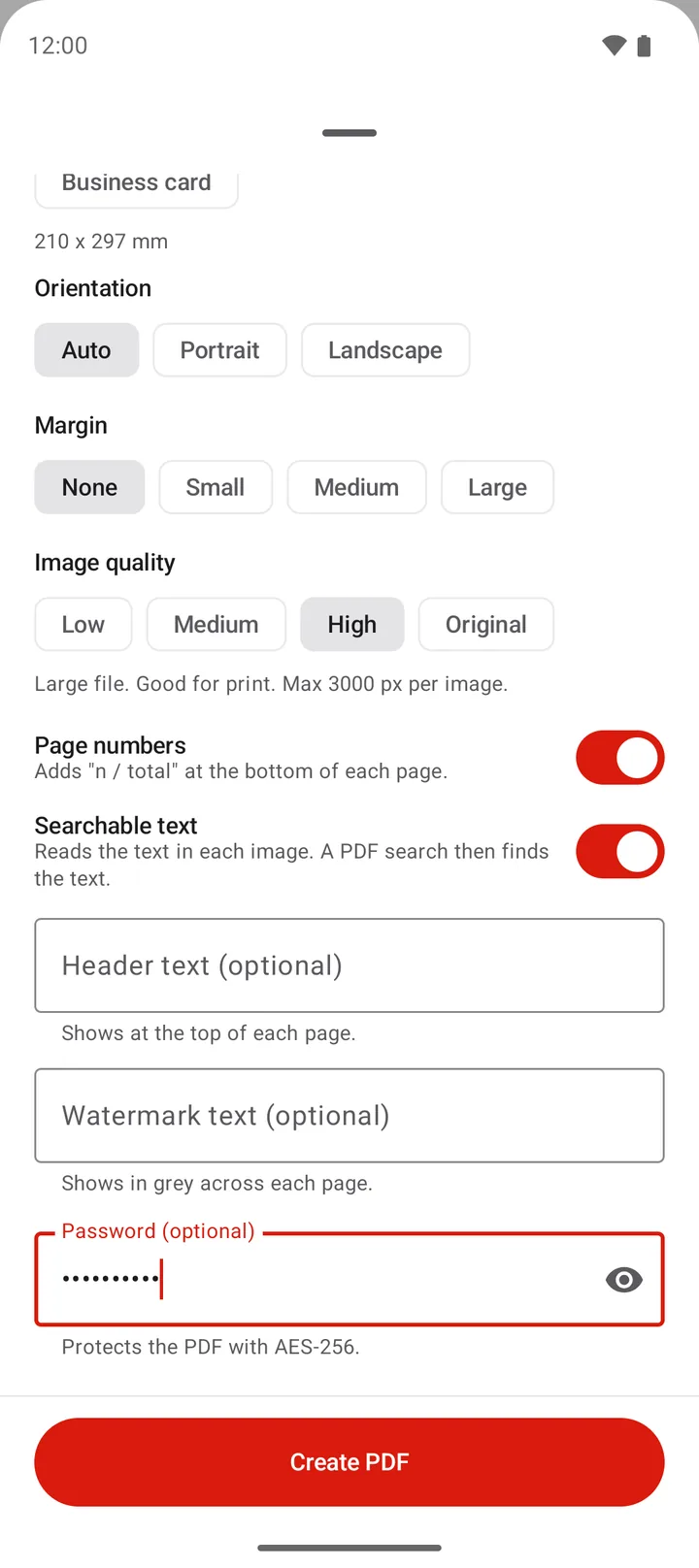 The PDF options sheet with page size A4 and orientation auto