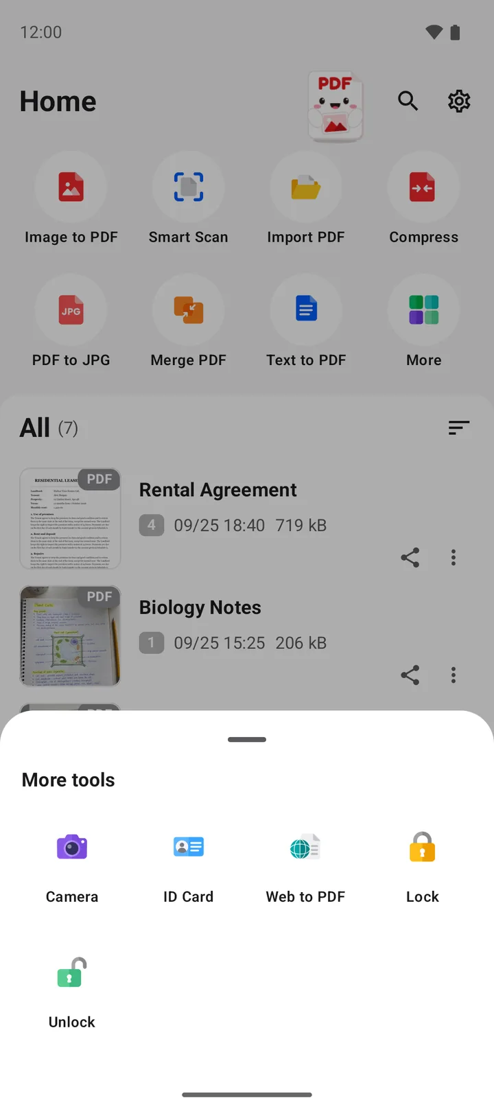 The More tools sheet of PDFriend with the Camera, ID Card, Web to PDF, Lock and Unlock tools